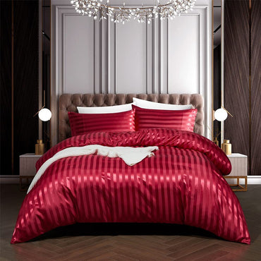 Satin Jacquard Stripe Duvet Cover Set – 3-Piece Faux Silk Bedding Set