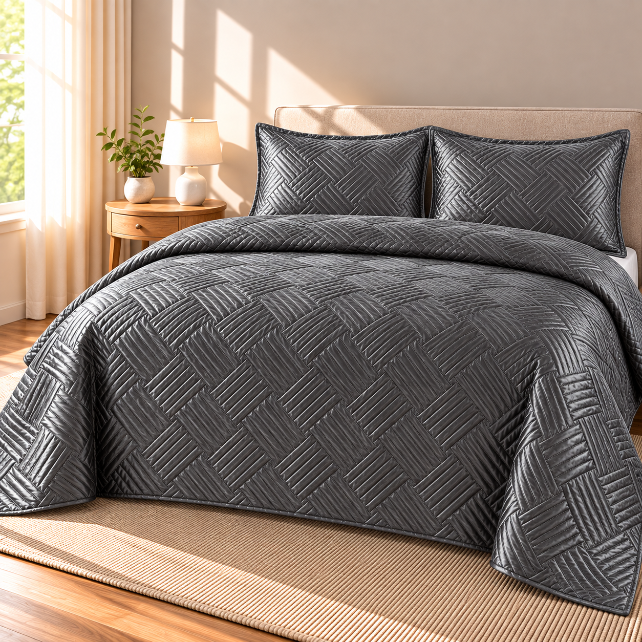 Geometric Satin Quilt Set, Charcoal Grey