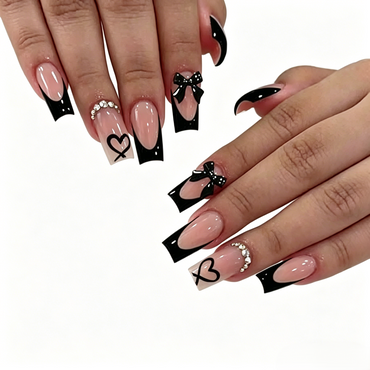 Black French Tip Press-On Nails – Bow & Heart, 24pcs