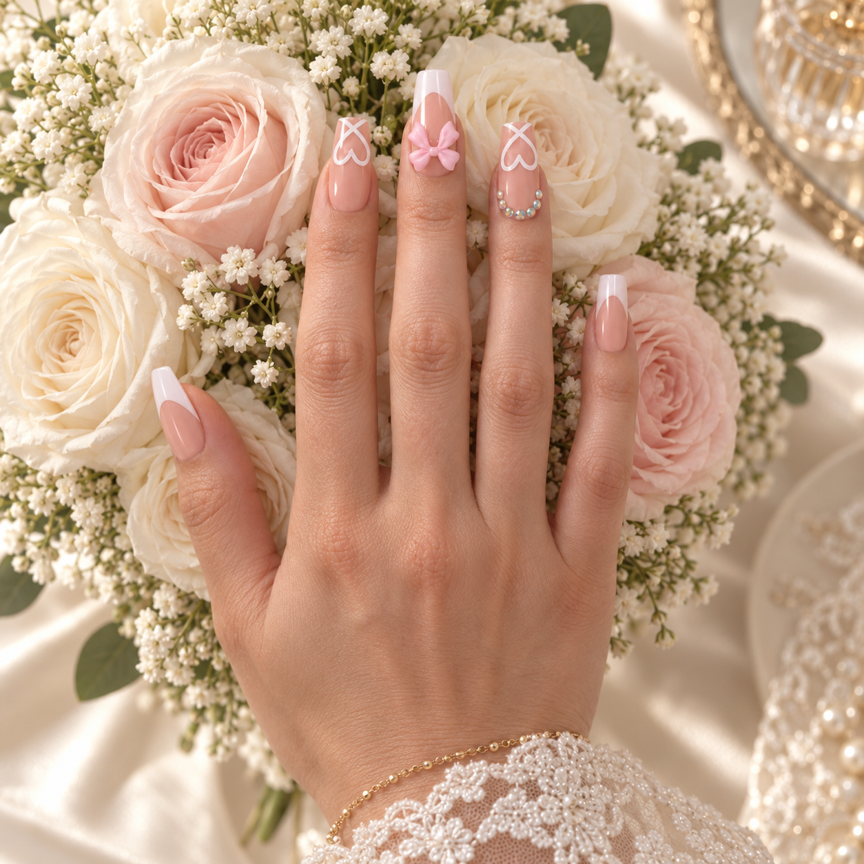 Pink French Tip Press-On Nails – Bows & Hearts, 24pcs