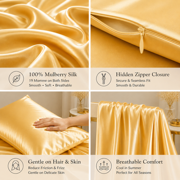 Mulberry Silk Pillowcase with Zipper – Golden Yellow (1 Pack)