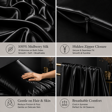 Mulberry Silk Pillowcase with Zipper – Black (1 Pack)