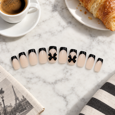 Black French Tip Press-On Nails – 3D Bows, 24pcs