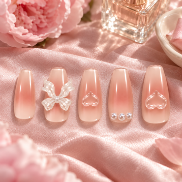 Pink Gradient Press-On Nails – Bows & Hearts, 10pcs – flatlay