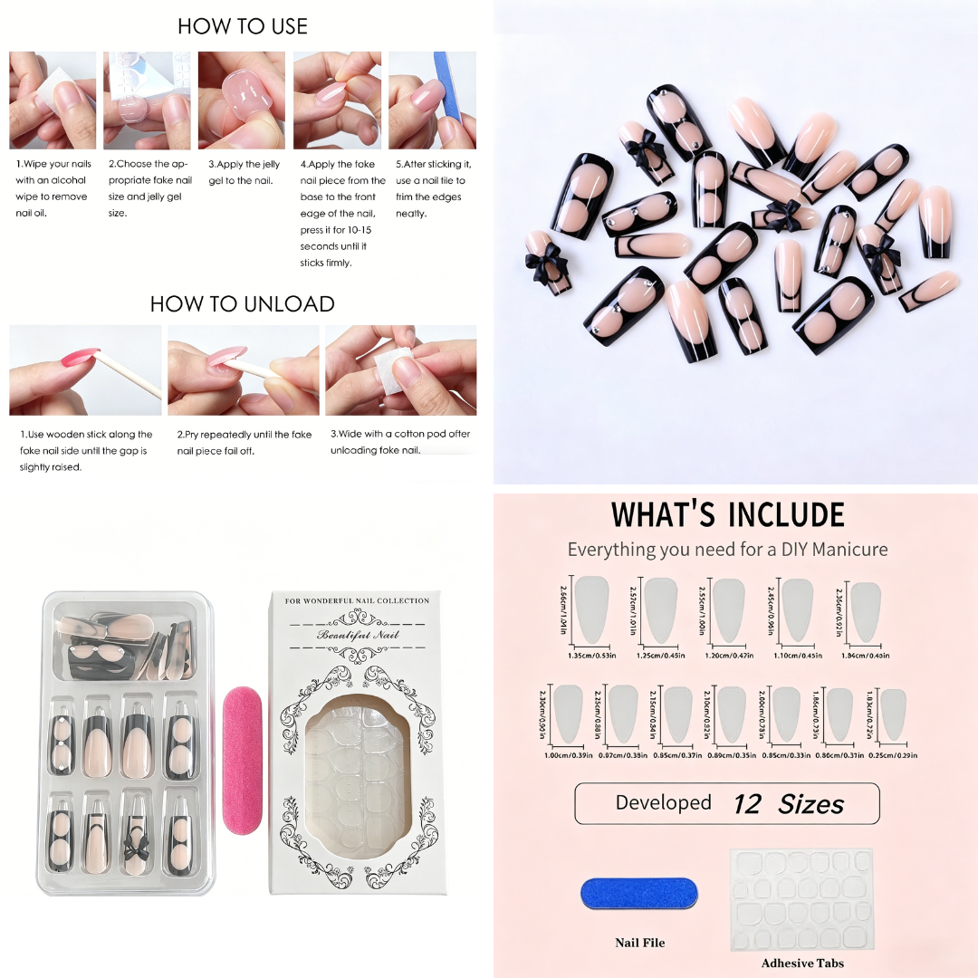Black French Tip Press-On Nails – Bow Design, 24pcs