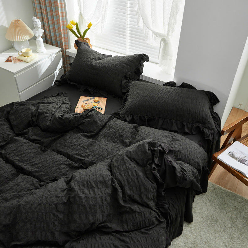 Solid Color Seersucker Ruffled 3-Piece Bedding Set - Calm Cloud Bedding