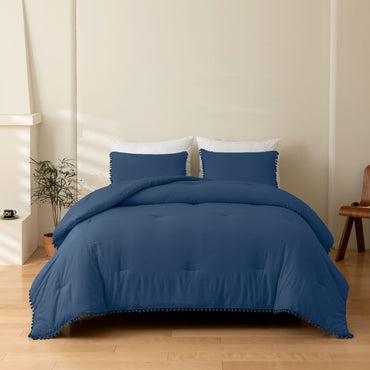 Washed Tassel Pom-Pom Quilt and Pillowcase 3-Piece Set