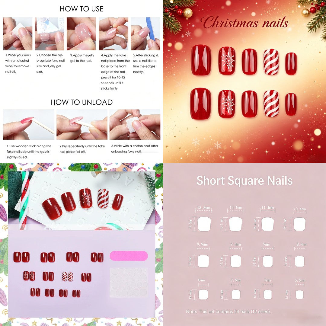 Christmas Candy Cane Press-On Nails – Red Snowflake Square, 24pcs