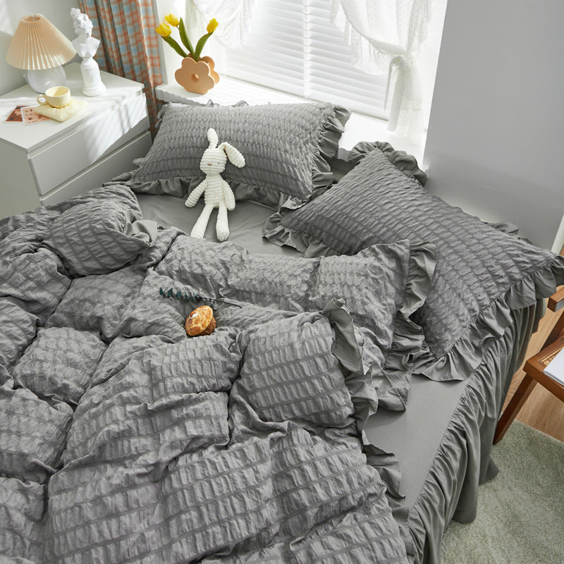 Solid Color Seersucker Ruffled 3-Piece Bedding Set - Calm Cloud Bedding