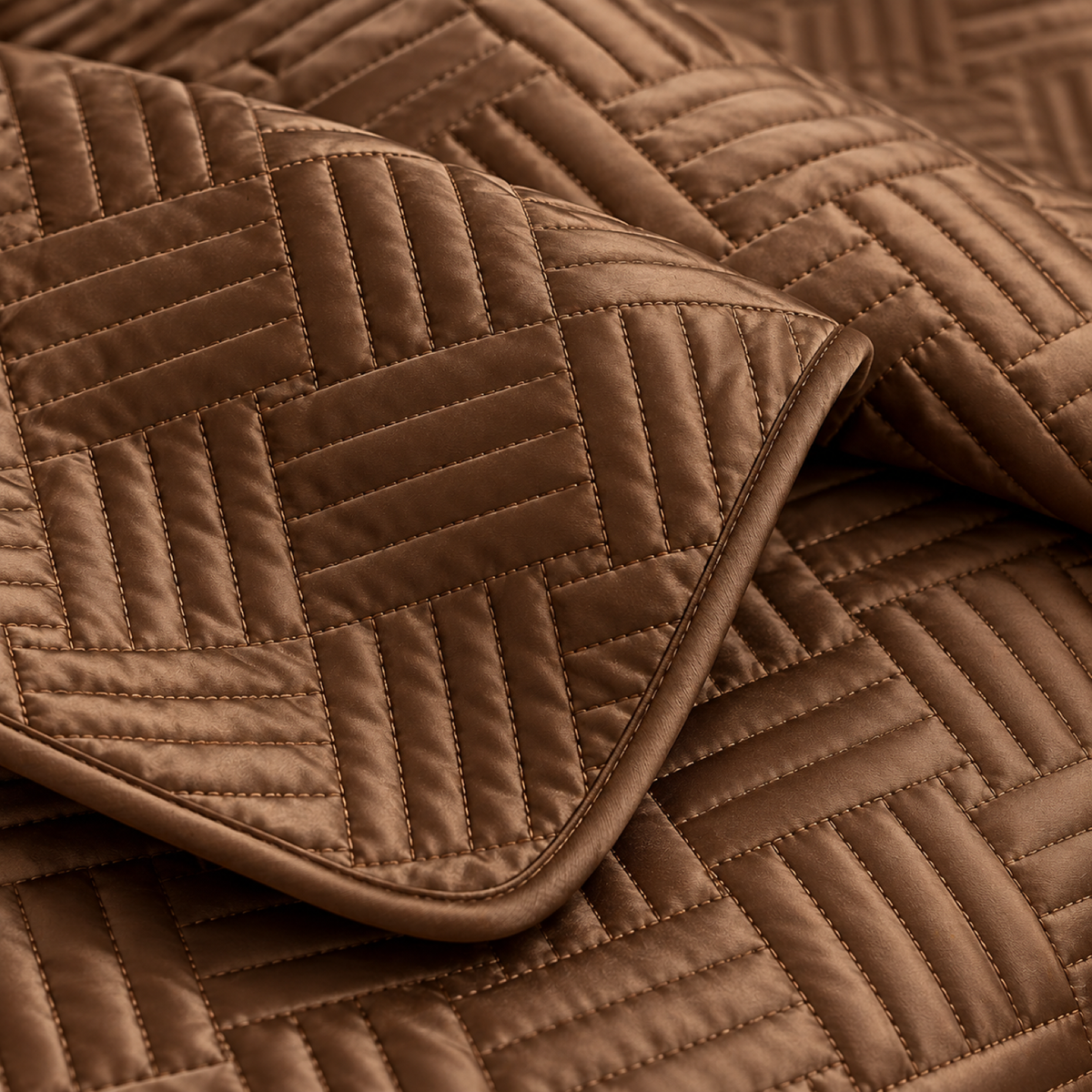 Geometric Satin Quilt Set, Coffee Brown — detail