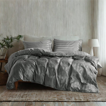 Charcoal Gray Satin Stripe Duvet Cover Set - 3-Piece – Cover Only