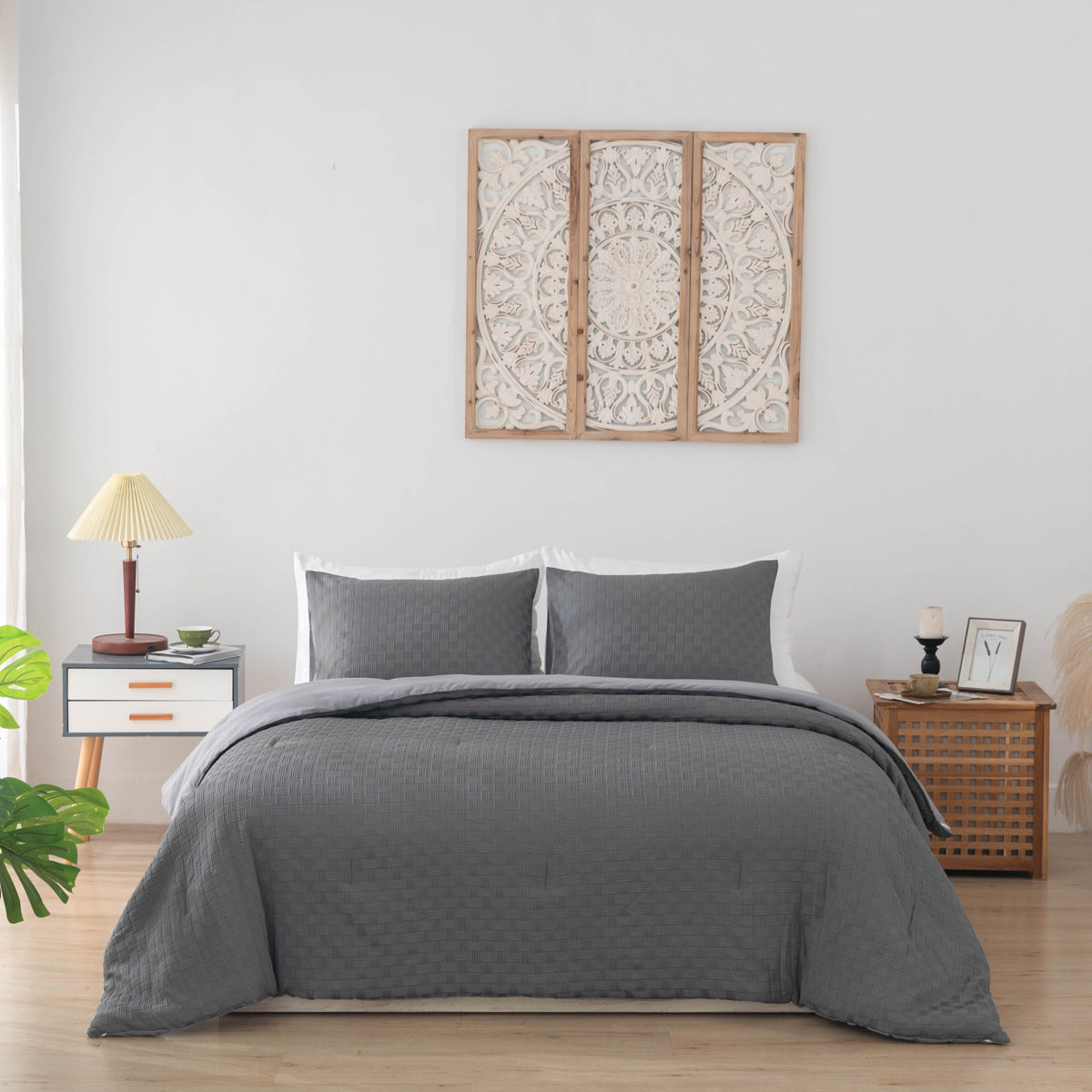 3-Piece Waffle Quilt Comforter and Pillowcase Bedding Set - Calm Cloud Bedding