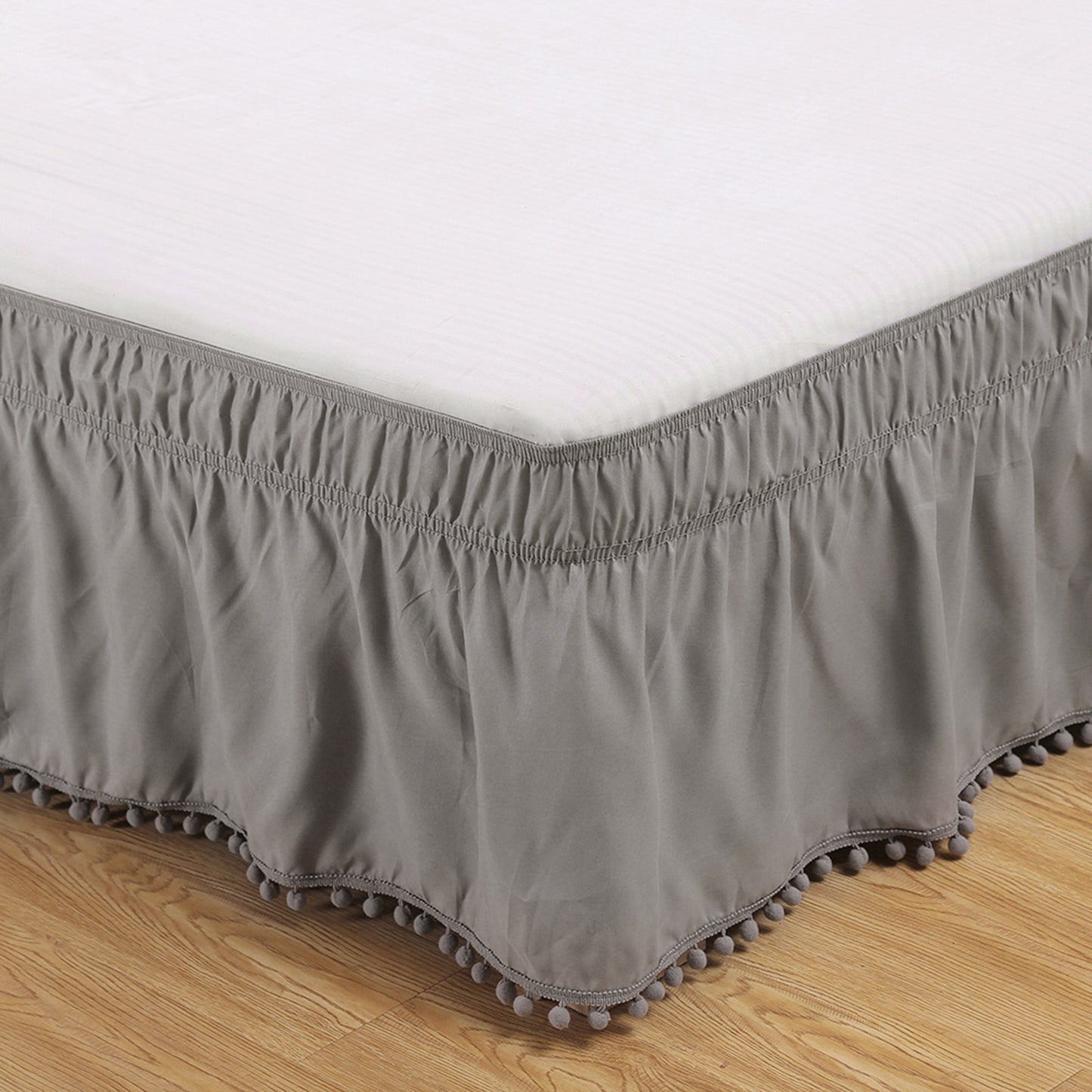 Pom-Pom Style Solid Color Elastic Bed Skirt - Calm Cloud Bedding