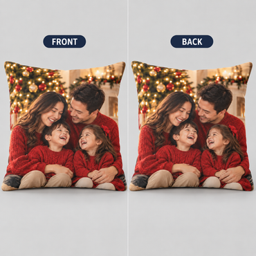 Front and back of the custom Christmas photo pillow, the same family photo printed on both sides