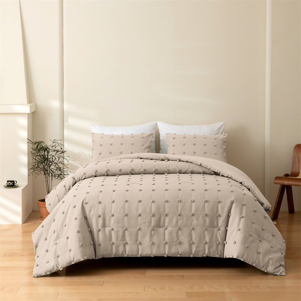 Embroidered Pom-Pom Quilt and Pillowcase 3-Piece Set