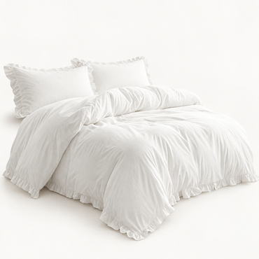 3-Piece Ruffled Linen Duvet Cover Set, Ivory — main