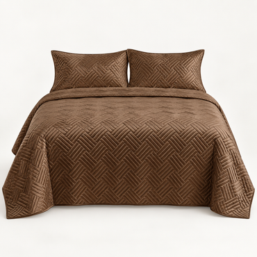 Geometric Satin Quilt Set, Coffee Brown — main