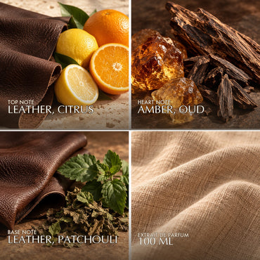 Fragrance notes for Anfar London The Masterpiece: leather, citrus top, amber, oud heart, leather, patchouli base