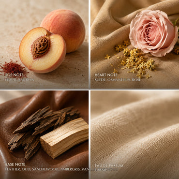 Azha Sarab scent notes — peach and saffron, suede and rose, leather and oud