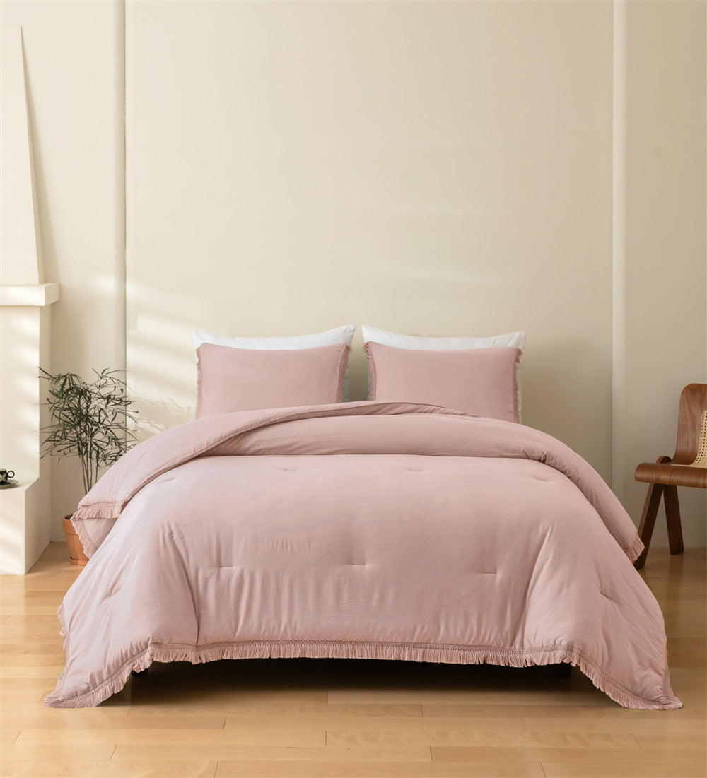 Solid Color Tassel Quilt and Pillowcase 3-Piece Set