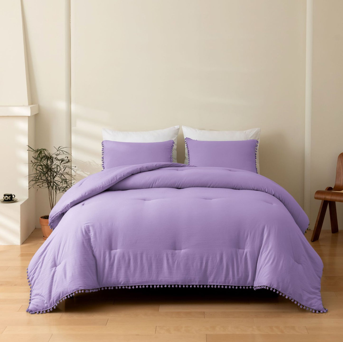 Washed Tassel Pom-Pom Quilt and Pillowcase 3-Piece Set