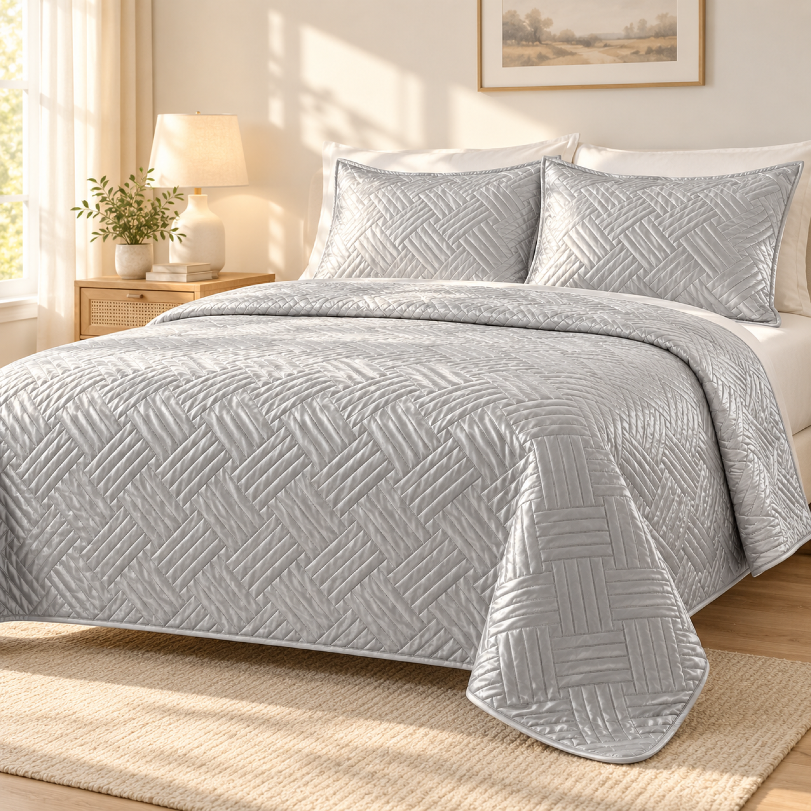 Geometric Satin Quilt Set, Silver Grey — scene
