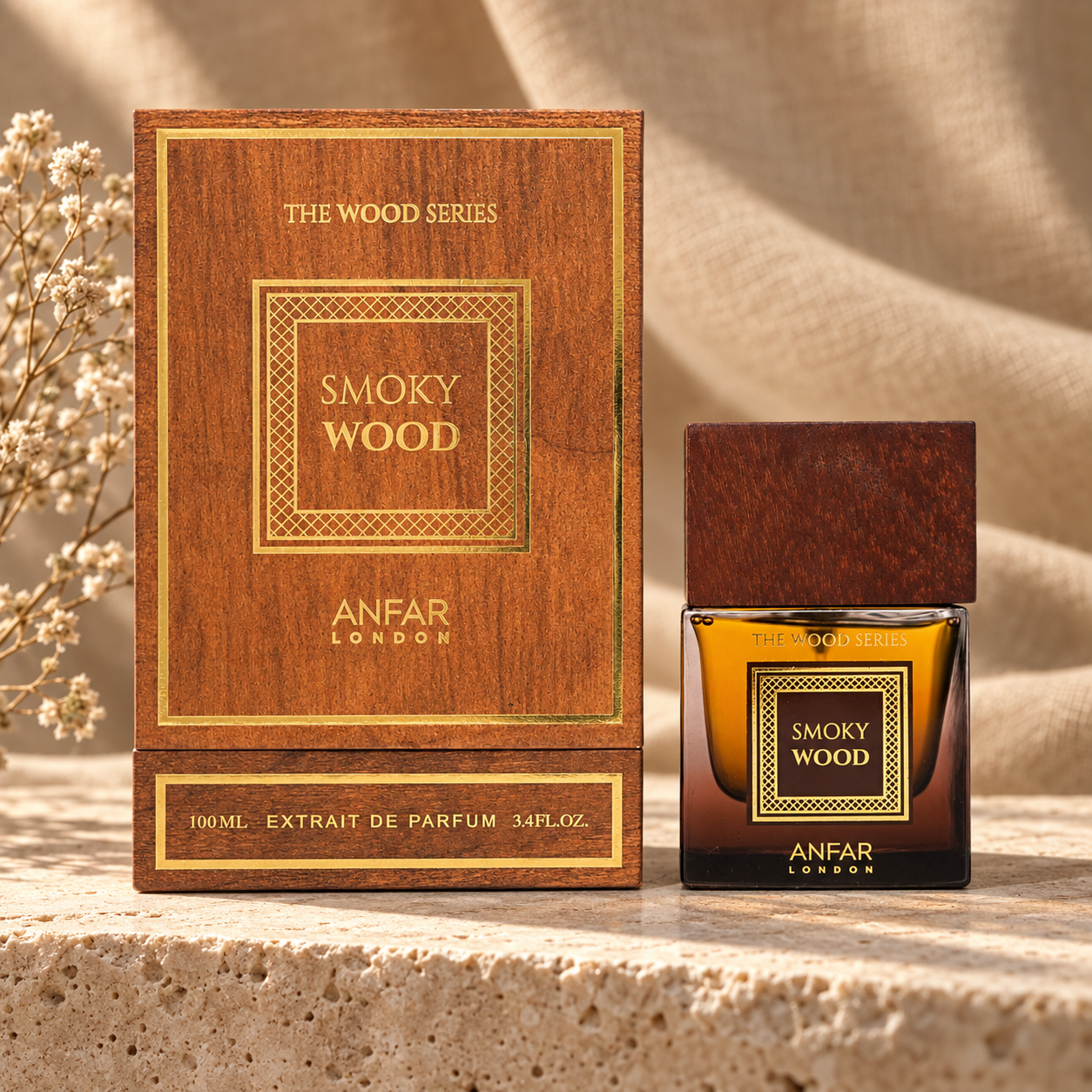 Anfar London Smoky Wood Extrait de Parfum 100 ml bottle and mahogany wood box on a travertine ledge with linen backdrop