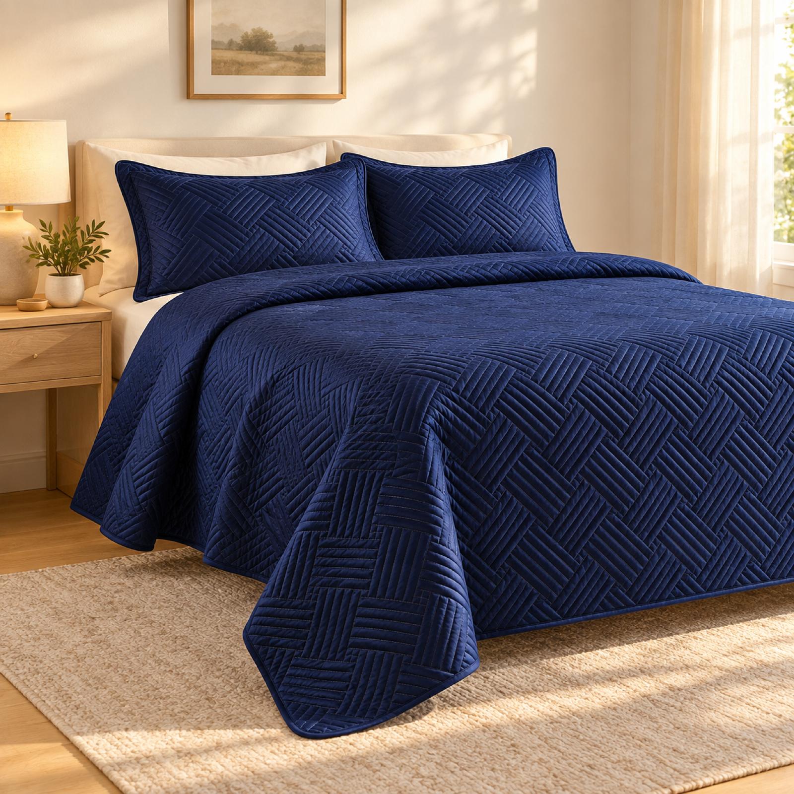 Geometric Satin Quilt Set, Navy Blue — scene