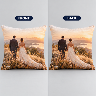 Front and back of the custom wedding photo pillow, the same photo printed on both sides