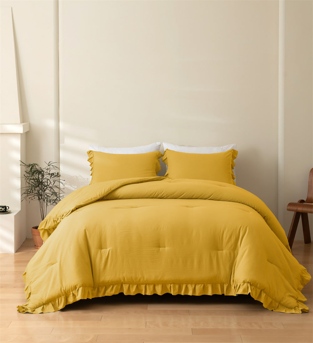 Solid Color Ruffled Quilt and Pillowcase 3-Piece Set
