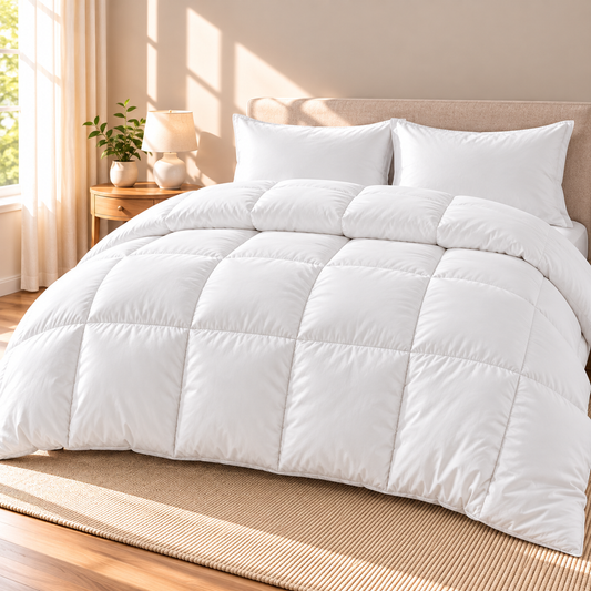 All-Season Down Alternative Comforter in white, box-quilted with corner tabs, on a made bed