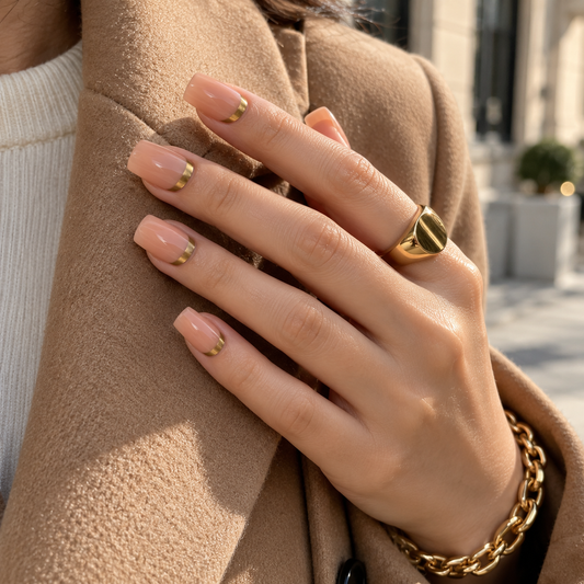Glossy short square press-on nails with a fine gold reverse-French line at the cuticle