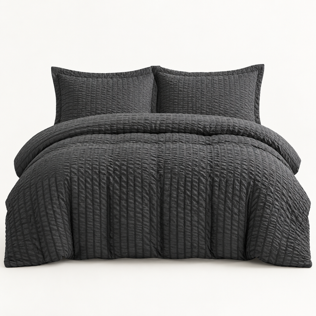 Seersucker Textured Duvet Cover Set in dark grey layered on a made bed