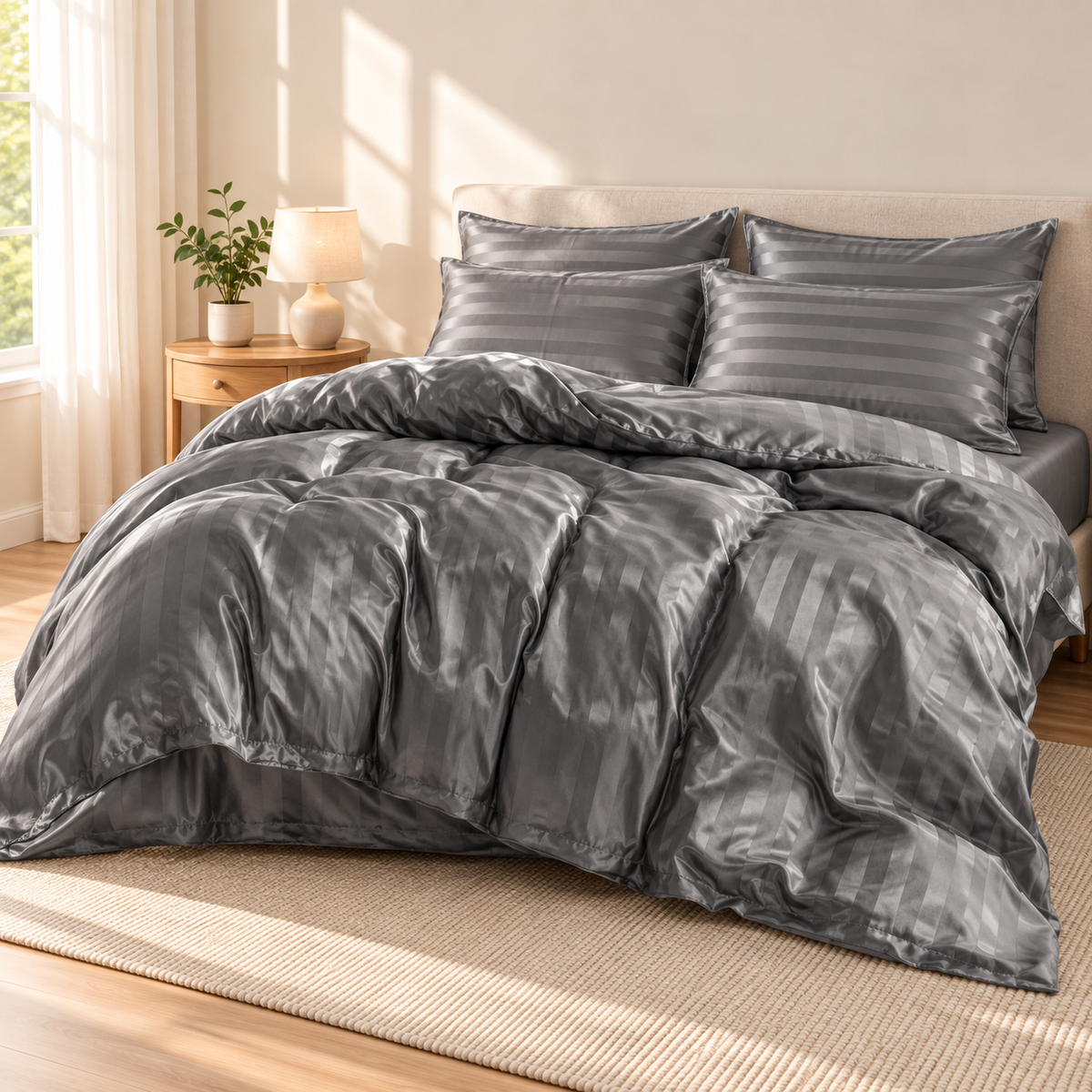Charcoal Gray Satin Stripe Duvet Cover Set - 3-Piece