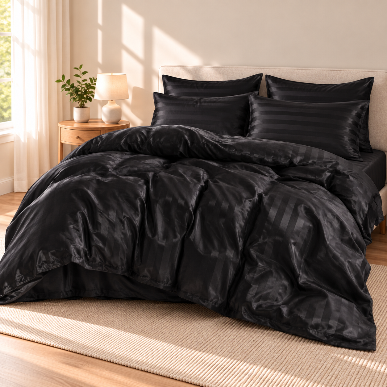 Black Satin Stripe Duvet Cover Set - 3-Piece