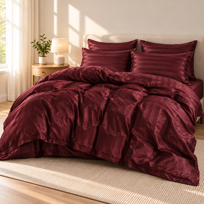 Wine Red Satin Stripe Duvet Cover Set - 3-Piece