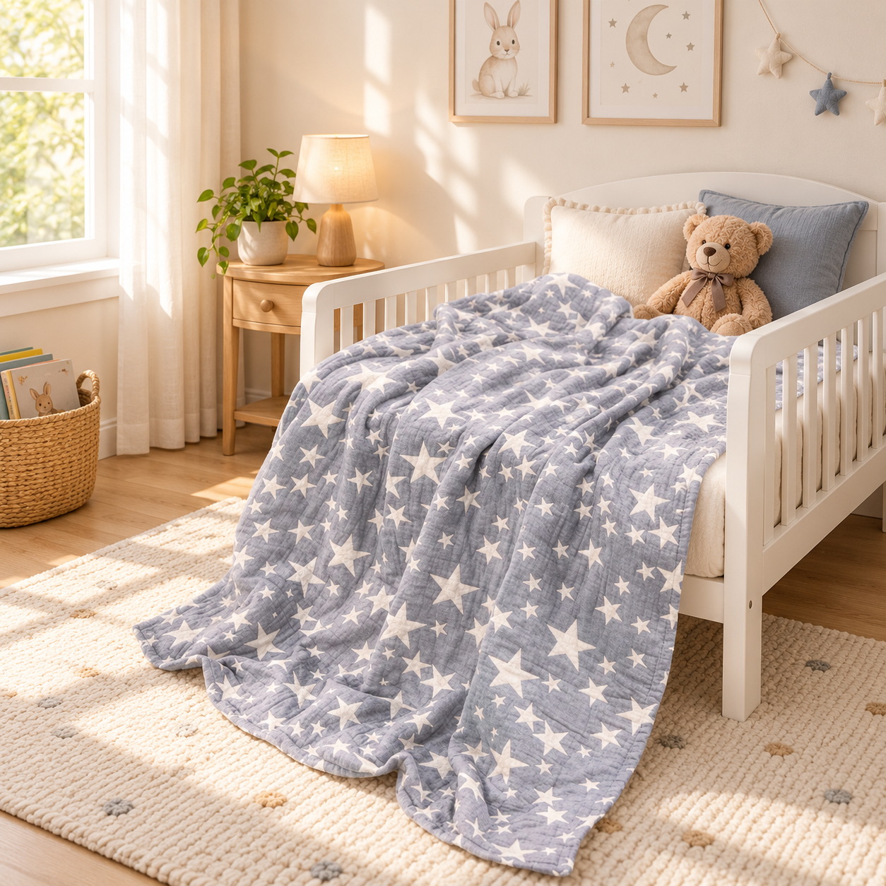 3-Layer Cotton Muslin Toddler Blanket – Star Print