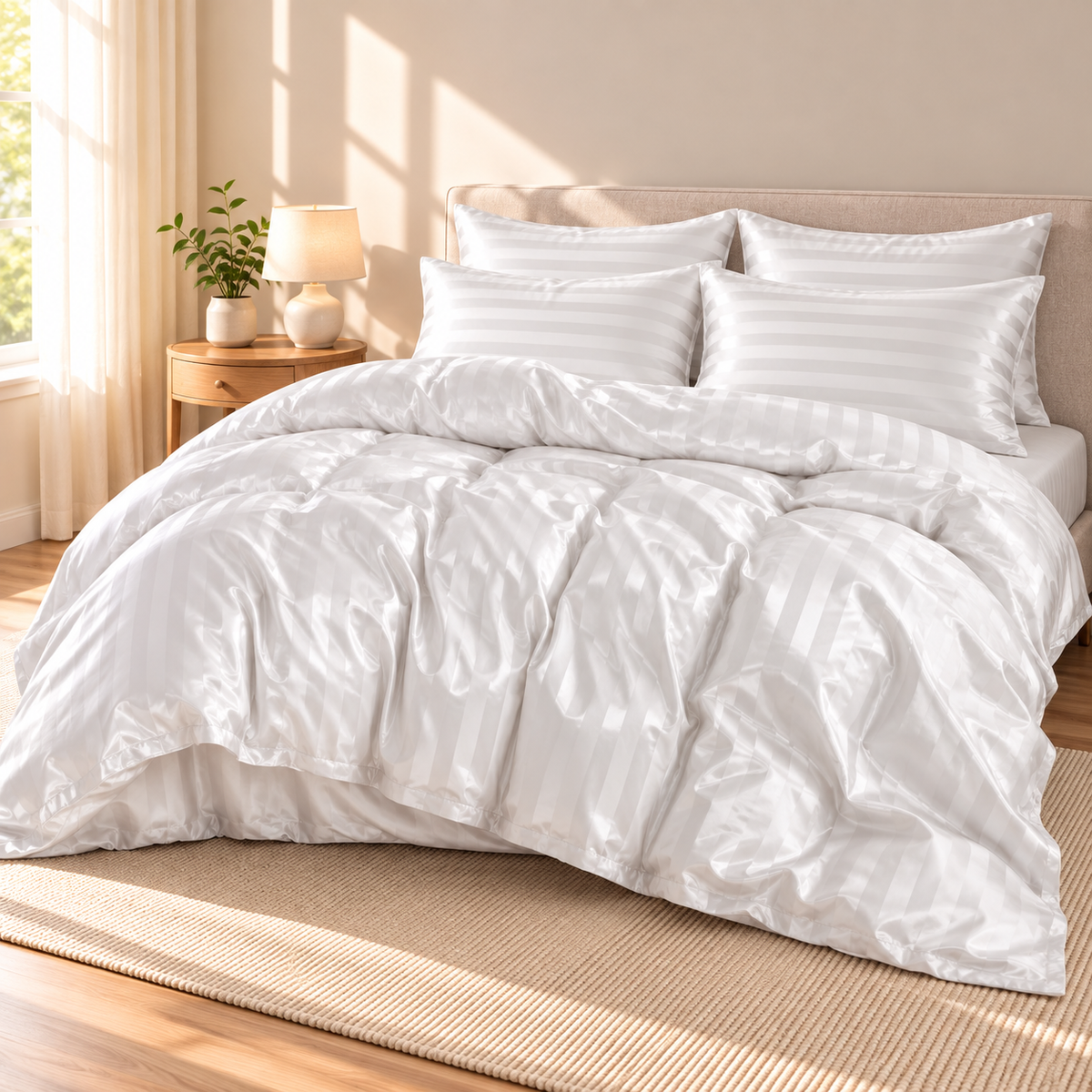 White Satin Stripe Duvet Cover Set - 3-Piece