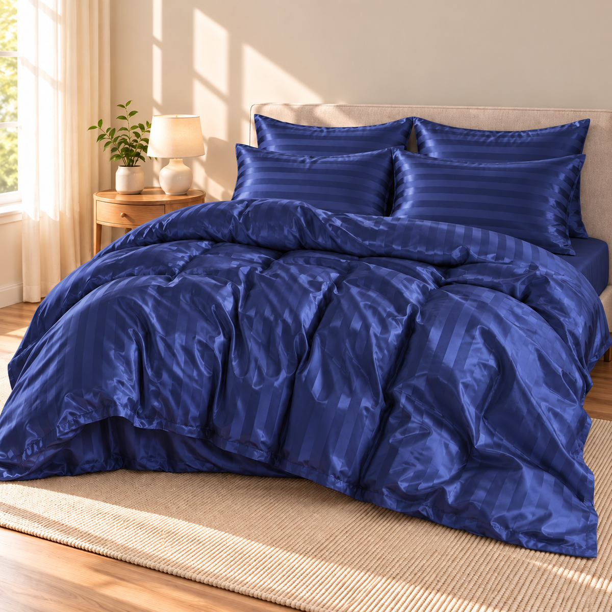 Navy Satin Stripe Duvet Cover Set - 3-Piece