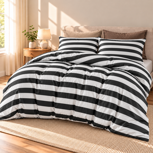 Striped Microfiber Duvet Cover Set, Black & White