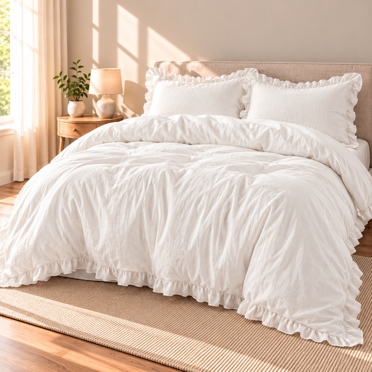 3-Piece Ruffled Linen Duvet Cover Set, Ivory