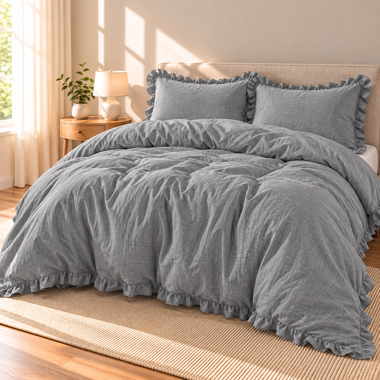 3-Piece Ruffled Linen Duvet Cover Set, Grey