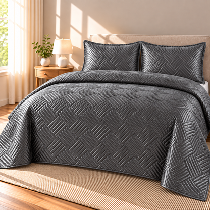 Geometric Satin Quilt Set, Charcoal Grey