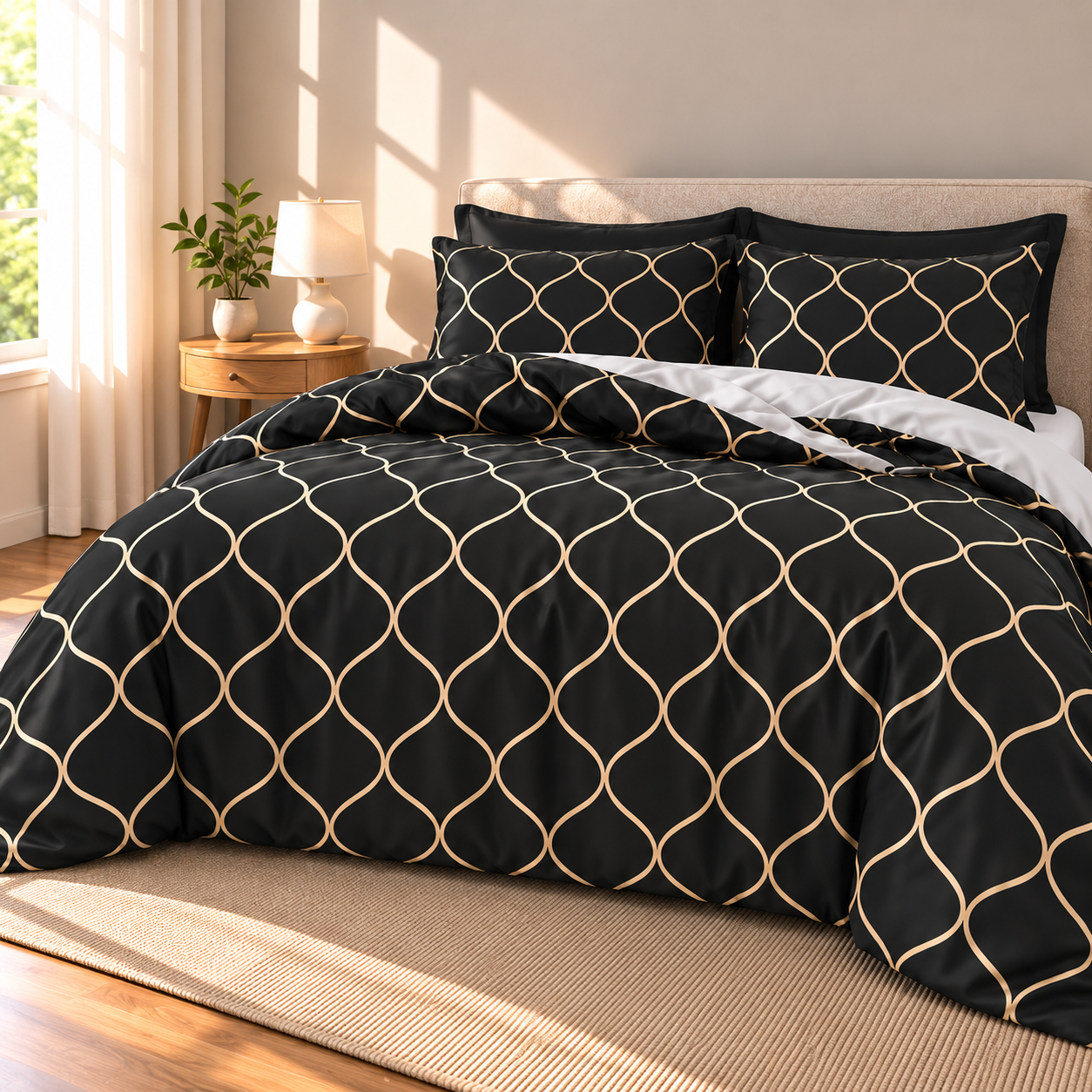 Ogee Trellis Microfiber Duvet Cover Set, Black & Gold