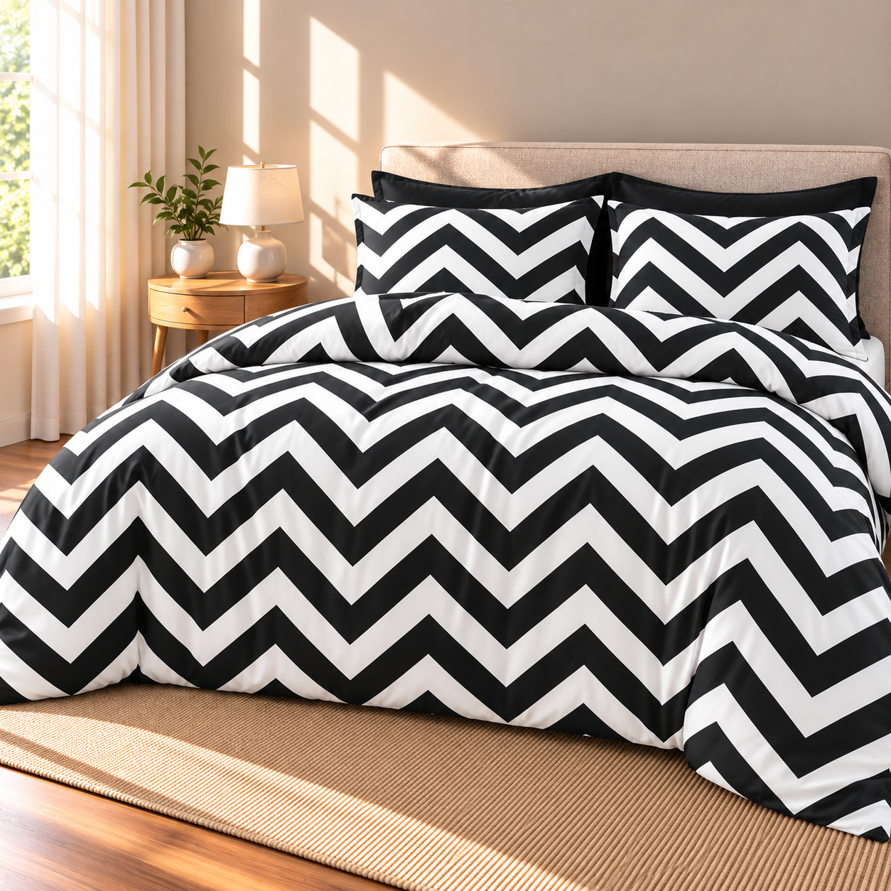 Chevron Microfiber Duvet Cover Set, Black & White