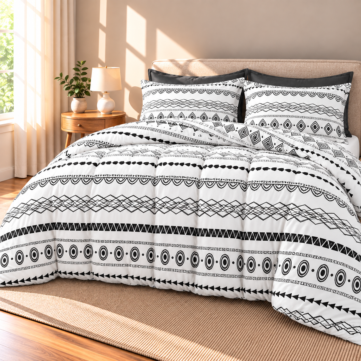 Boho Stripe Microfiber Duvet Cover Set, White & Black