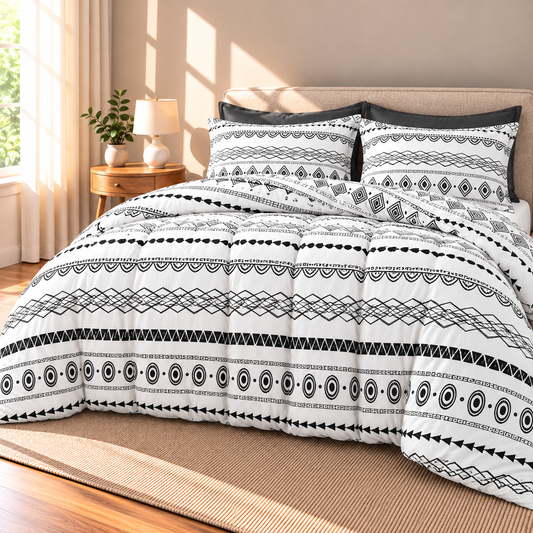 Boho Stripe Microfiber Duvet Cover Set, White & Black