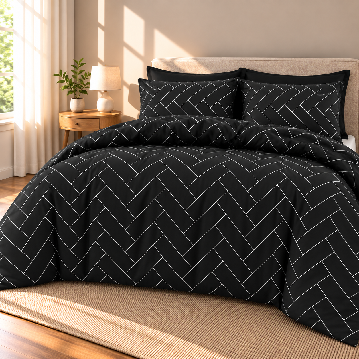 Herringbone Microfiber Duvet Cover Set, Black & White