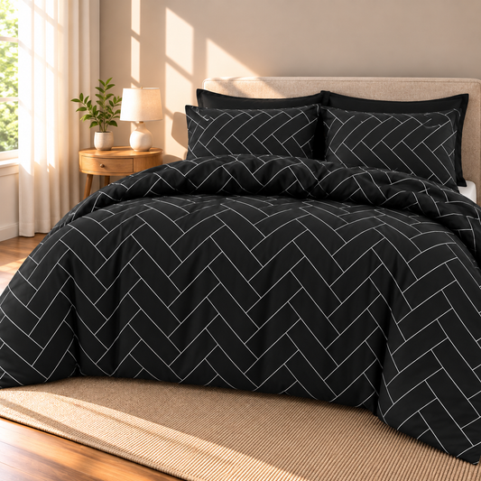 Herringbone Microfiber Duvet Cover Set, Black & White