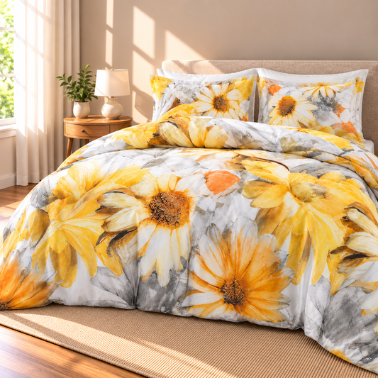 Watercolor Sunflower Microfiber Duvet Cover Set, Yellow